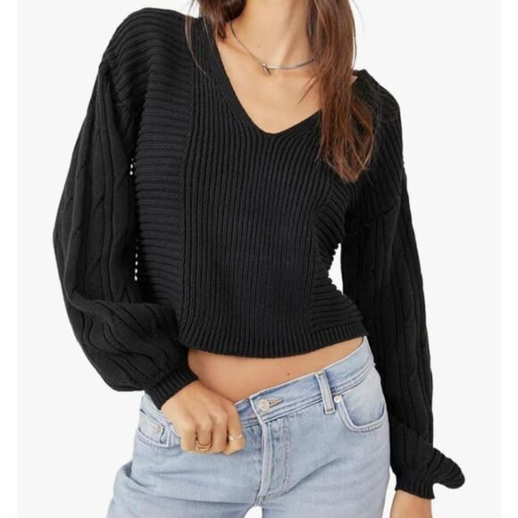 Free People "When It Rains" Black V Neck Sweater Size LG - Picture 1 of 8